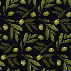 Seamless pattern background. Green olive branch with leaves black background. Italian and Greek cuisine element.