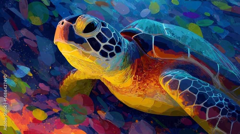 Aufkleber expressive rendering of a colorful sea turtle swimming amidst abstract shapes in the ocean.