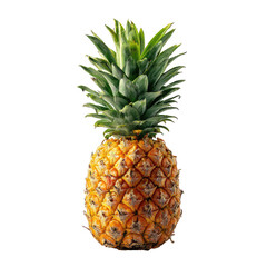 Single pineapple, vibrant yellow-gold rind, fresh green leaves, isolated on black background