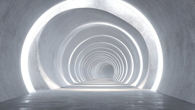 Abstract concrete tunnel, illuminated by rings of light