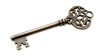 Antique ornate silver skeleton key isolated on transparent background