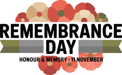 Remembrance Day Banner with Poppies, Ribbons, and the Date November 11th Illustration