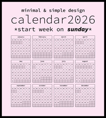 Calendar 2026 minimal and simple style the week starts on Sunday