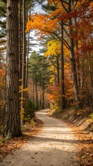 Naklejka premium A winding dirt path through a forest ablaze with vibrant autumn foliage and tall pine trees