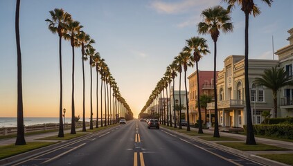 Palm tree lined street leading to the ocean at sunset