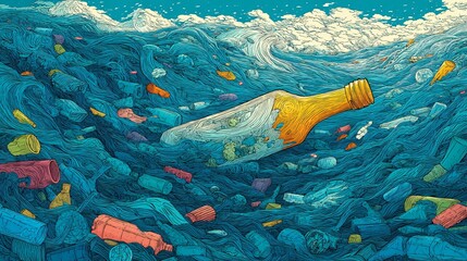 Vivid depiction of ocean plastic pollution through stylized graphic illustration.