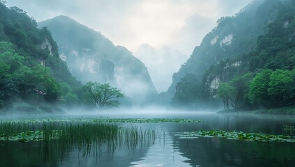 Misty river valley with towering limestone karsts and lush greenery