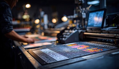Industrial printing press in operation.  Person working with plates
