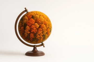 Fototapeta na wymiar Globe filled with autumn forest on white background with soft lighting and empty space for text creative concept for education travel and ecology