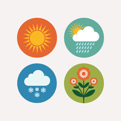 Colorful flat design illustration showing four seasonal weather icons including sun, rain, snow, and blooming flowers representing climate change and nature cycle.