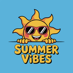 Cute smiling sun with sunglasses cartoon illustration showing summer vibes concept, fun holiday season, beach vacation, tropical sunshine and positive energy design.