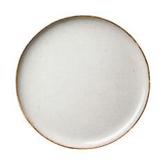 Round, cream-colored dinner plate with a subtle speckled texture and a gold-toned rim