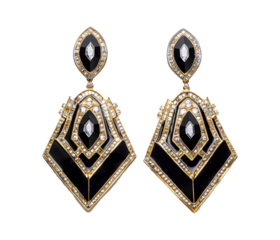 elegant black and gold geometric earrings with diamonds isolated on transparent background