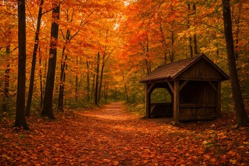 Obraz premium A rustic wooden shelter beside a path in a vibrant autumn forest with colorful foliage