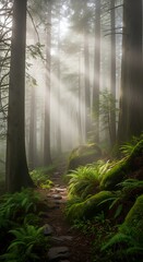 Fototapeta premium Sunlight Filtering Through Misty Forest Path.