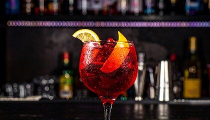 Red cocktail garnished with lemon and orange slices