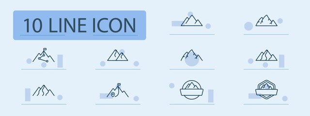 Mountain exploration set icon. Peaks, summit flags, trails, markers, emblems, and scenic outlines displayed for trekking, nature, and climbing adventure visuals