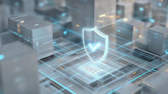 Clean modern interface showing glowing shield with checkmark floating above minimal grid of softly blurred data blocks, sleek corporate environment, professional data protection, soft gradients