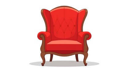 Fototapeta premium A vibrant red wingback chair with ornate wooden details is showcased against a plain white background.