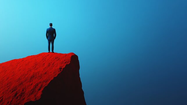A solitary figure on a red cliff against blue sky.