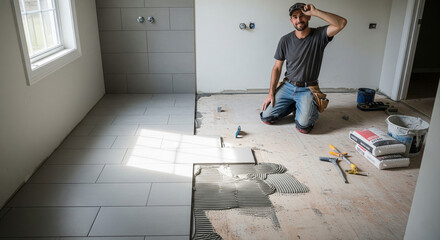 Tiler Working on a Bathroom Floor