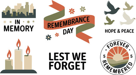 Remembrance Day Elements Featuring Candles, Doves, Ribbon Banner, In Memory Text, Flowers, and Landscape Icon