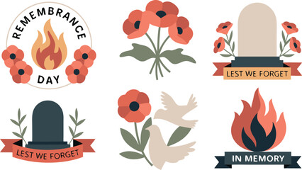 Remembrance Day Elements Poppies, Flames, Tombstones, Doves, with Lest We Forget and In Memory Banners