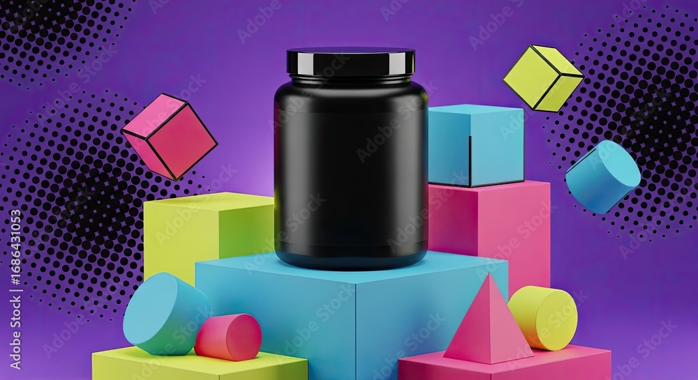 Poster supplement jar mockup with colorful geometric display: a sleek, black supplement jar, artfully displ