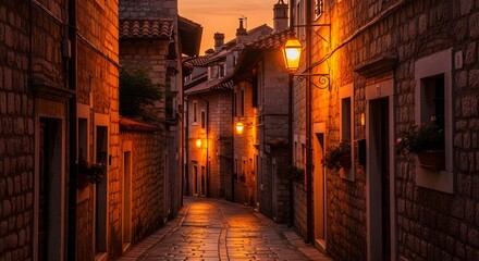 Evening in a Charming European Alleyway with Illuminated Street Lamps and Stone Buildings