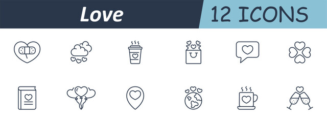 Love set icon. Outline icons showing heart, speech bubble, cup, gift bag, clover, globe, location pin, balloon, book, toast, warm drink in affection-based theme