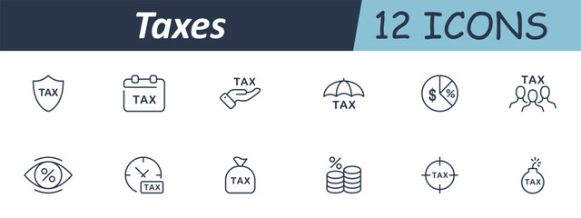Taxes set icon. Shield, calendar, hand, pie chart, group, percent symbol, coin stacks, money bag, clock, bomb marked with TAX text and financial visuals