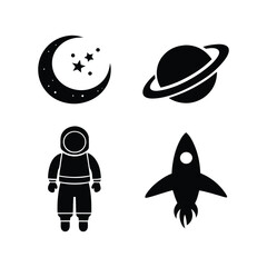 Black Silhouette Vector Icons of Space Exploration Moon, Planet, Astronaut, and Rocket