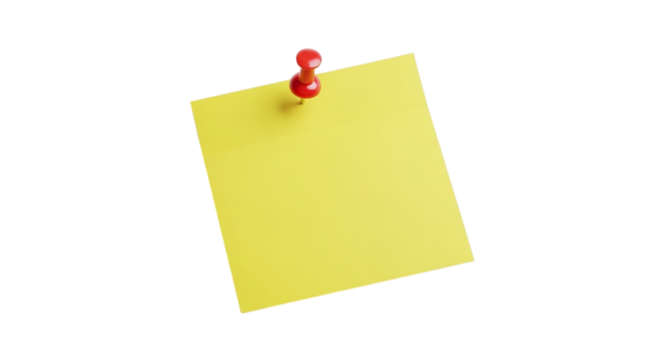 A bright yellow sticky note pinned with a red thumbtack isolated on transparent background