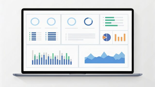 A laptop displaying various colorful data visualizations and graphs on its screen, representing analytics and insights.