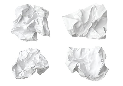 Four crumpled pieces of white paper, arranged in a grid pattern on a black background.  Wrinkled, textured surfaces.  Flat lay