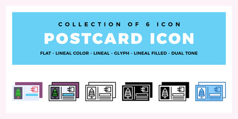 Collection of 6 Postcard Icons Flat. Lineal. Glyph. and Dual Tone Styles