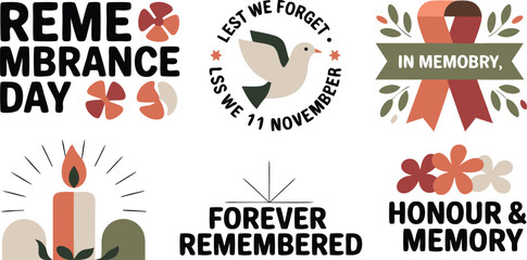 Remembrance Day Featuring Poppies, Dove, Ribbon, Candle, and Text Designs for Honor and Memory