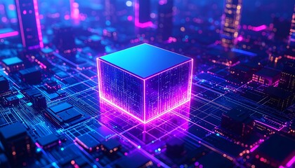 Futuristic city circuit board with glowing cube