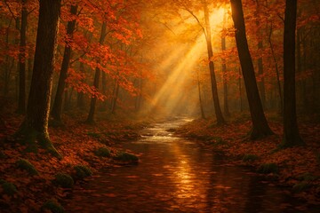 Sunlight streams through autumn trees, casting golden rays onto a forest path and reflecting in a tranquil stream