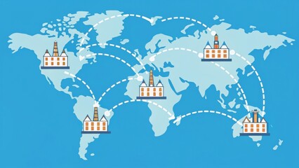 Obraz premium World map with buildings connected by lines, symbolizing global communication and connections between locations.