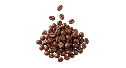 Pile of roasted coffee beans falling and accumulating isolated on transparent background