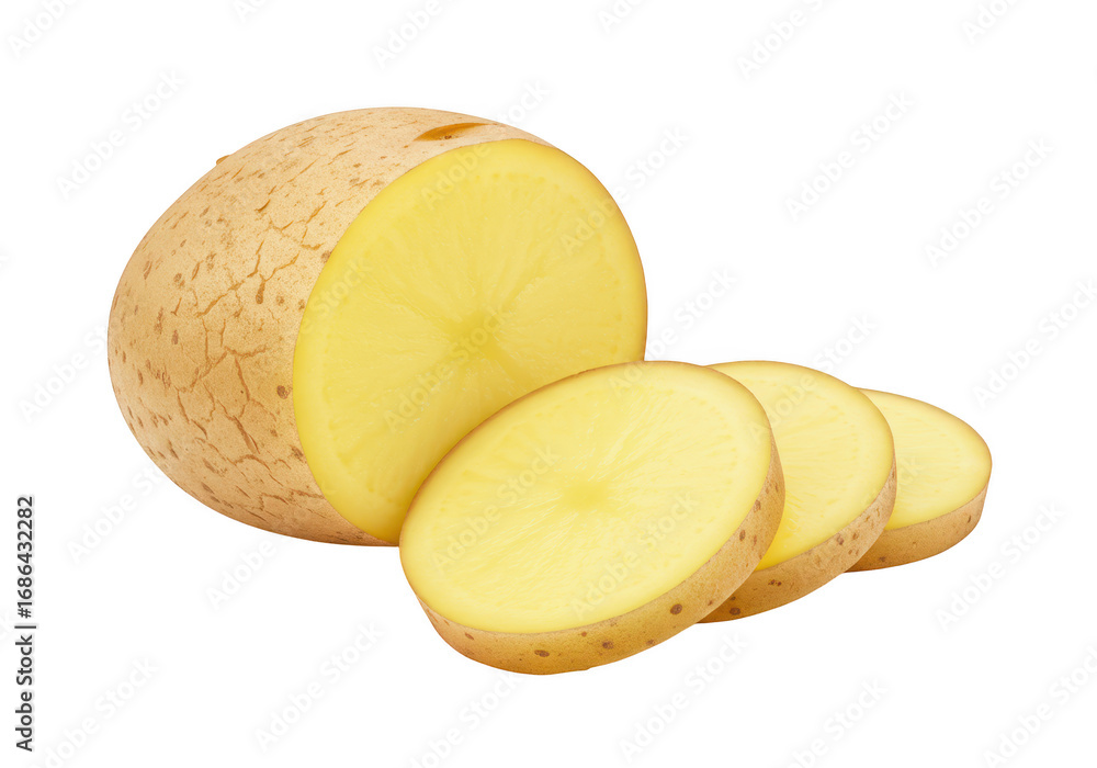 Poster potato sliced in half and three slices isolated on transparent background