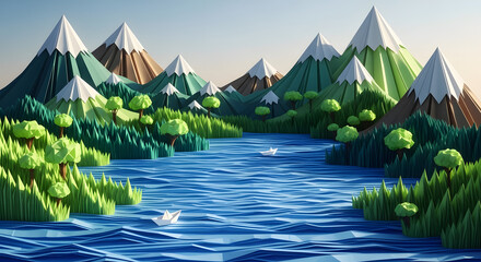 Scenic river flowing through a papercraft mountain valley with lush forests and tiny origami boats floating downstream