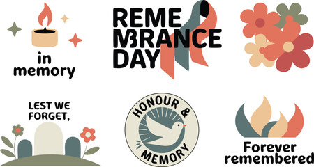 Remembrance Day Graphics Candle, Ribbons, Flowers, Dove, Tombstones, and Respectful Messages for Memorial Celebrations