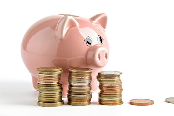 White Background with Isolated Piggy Bank with Stacks of Coins Mockup of a Piggy Bank