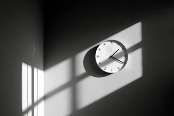 A grayscale indoor shot of a simple white clock. Sunlight casts shadows from a window
