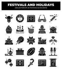 Collection of 25 Festivals and Holidays. Icons and Symbols