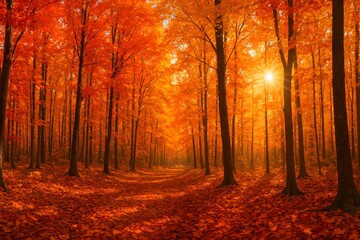 Fototapeta premium Sunlight streams through a dense forest canopy, illuminating a path lined with trees showcasing fiery autumn colors