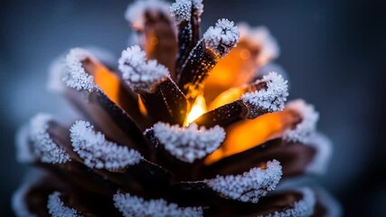 Close-up of Frosty Pine Cone with Warm Light Accent Creating a Holiday Season Ambiance - Powered by Adobe