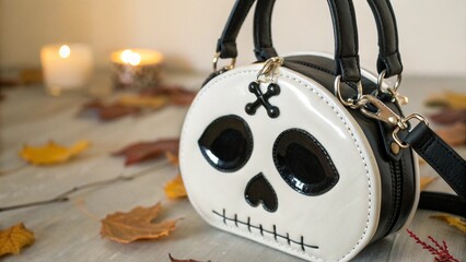 Close Up of Halloween Skull Shaped Handbag with Black Handle and Silver Details